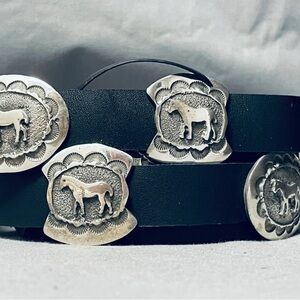 HORSE LOVE HAND CARVED NATIVE AMERICAN NAVAJO STERLING SILVER CONCHO BELT